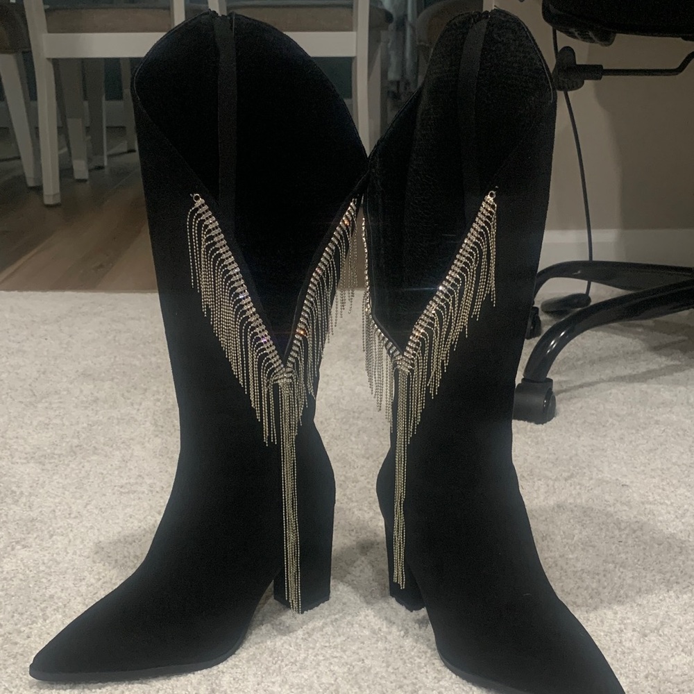 Women's Black Velvet Fringe Western Boots with Silver Chain Detail